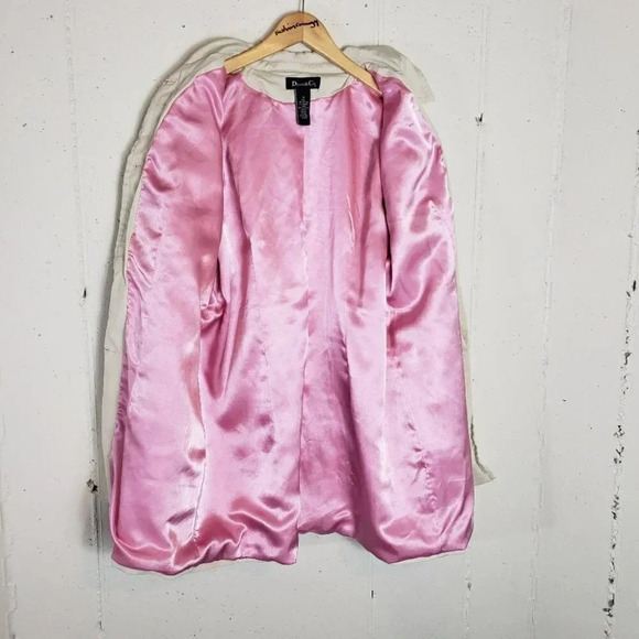 Dona C Lee Beige Pink Trim Button Up Pocketed Knee Length Coat - Picture 4 of 5